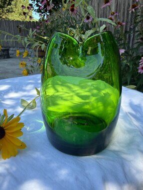 Vintage Bischoff Pinched Top Vase, #412, Hand-blown, Green